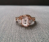 3Ct Emerald Cut Peach Morganite Bridal Set Engagement Ring 18K Rose Gold Finish