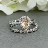 1.6ct Pear Peach Morganite Halo Bridal Set Engagement Ring 14k White Gold Finish