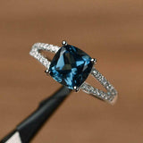 2.2ct Engagement Ring Cushion London Blue Topaz Split Shank 14k WhiteGold Finish